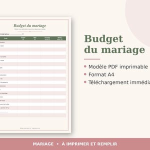 Peut inclure: Un modèle de budget de mariage imprimable au format A4. Le document présente un tableau avec des colonnes pour les dépenses estimées et réelles, incluant des catégories comme le lieu, le traiteur, la photographie et les tenues, avec le texte Budget du mariage.