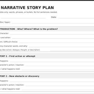 Può includere: Un foglio di lavoro per la pianificazione di una storia narrativa su carta bianca con testo nero. L'intestazione recita MY NARRATIVE STORY PLAN. Include sezioni per nome, data, titolo e tre parti numerate con righe vuote da compilare.