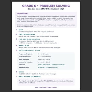 May include: A Grade 6 problem solving worksheet titled Can our class afford the museum trip? The document outlines a math word problem involving 48 students and 6 adults, calculating bus, admission, and lunch costs against a $1,400 budget.