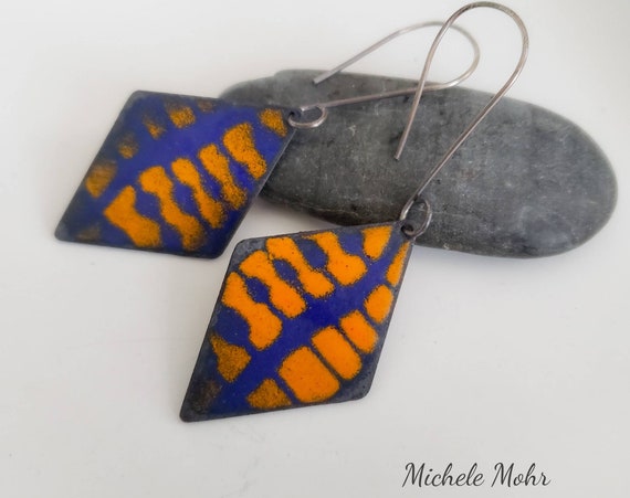 Abstract Vitreous Enamel Earrings with Oxidzed Sterling Silver Ear Wires - 2 sided design