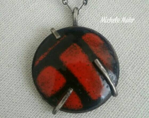 Fiery Orange and Black Abstract Enamel Pendant/Necklace
