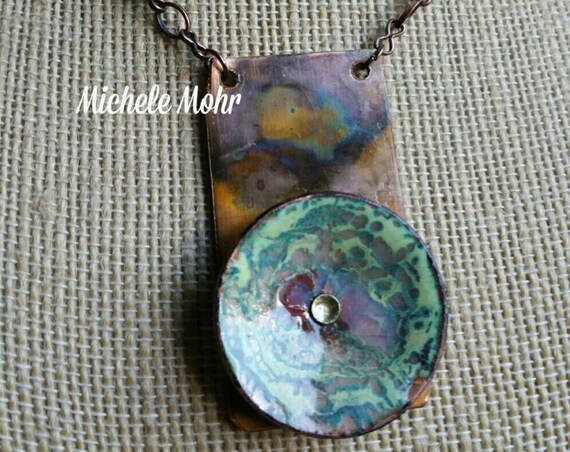 Memories Riveted Vitreous Enamel Copper and Fire Painted Copper Pendant on Oxidized Copper Chain 18" Necklace