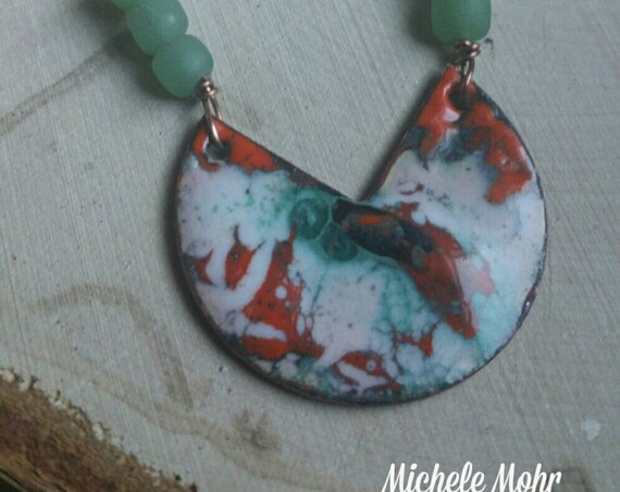 Changing Seasons Vitreous Enameled Copper Pendant with Recycled glass beads on 30" Red Brass Chain Necklace