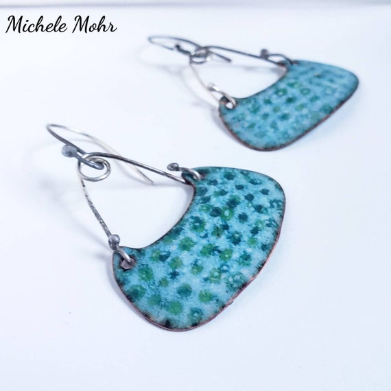 Seascape Pendulum Vitreous Enamel and Sterling Silver Earrings