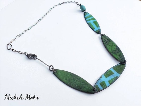 SALE - Kind of Blue and Green Vitreous Enamel and Oxidized Sterling Silver 19" Necklace