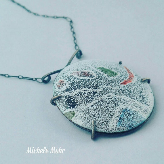 Road Less Traveled Vitreous Enamel Pendant with Oxidized Sterling Silver Setting 18" Necklace