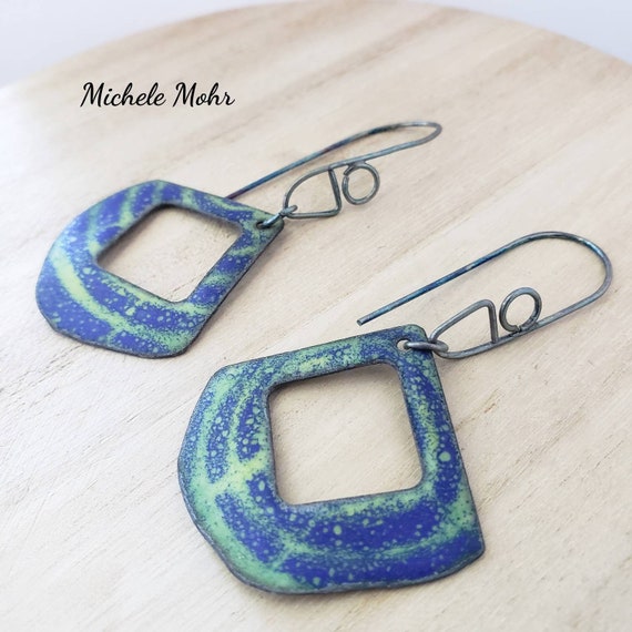 Hazy Summer Cobalt Blue and Bitter Green Vitreous Enamel and Sterling Silver Earrings
