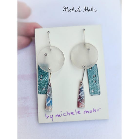 Zen Garden Abstract Eclectic Enameled Steel, Enameled CoppeTextured Plexiglass, and Sterling Silver Earrings with  Sterling Silver Ear Wires