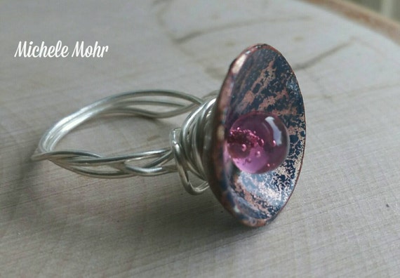 Pink Paradise Size 6.5 Enamel on Copper Sterling Silver filled wire wrap ring