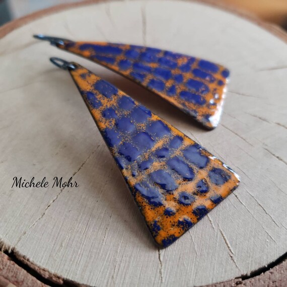 Psychedelic Peacock Blue and Orange Enamel Earrings with Niobium Ear Wires