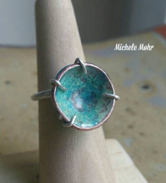 Adjustable Sea Foam Vitreous Enamel Copper and Sterling Silver Ring