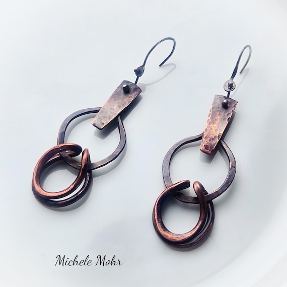 Warrior Queen Forged and Hammered Copper and Sterling Silver Earrinngs