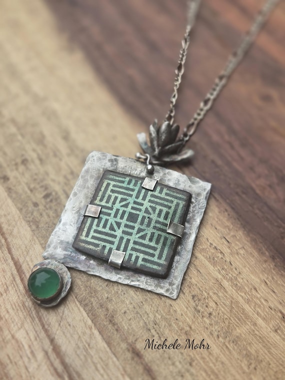 Lotus Garden Vitreous Enamel and Chyrosprase Sterling Silver Necklace with Fine Silver Accents