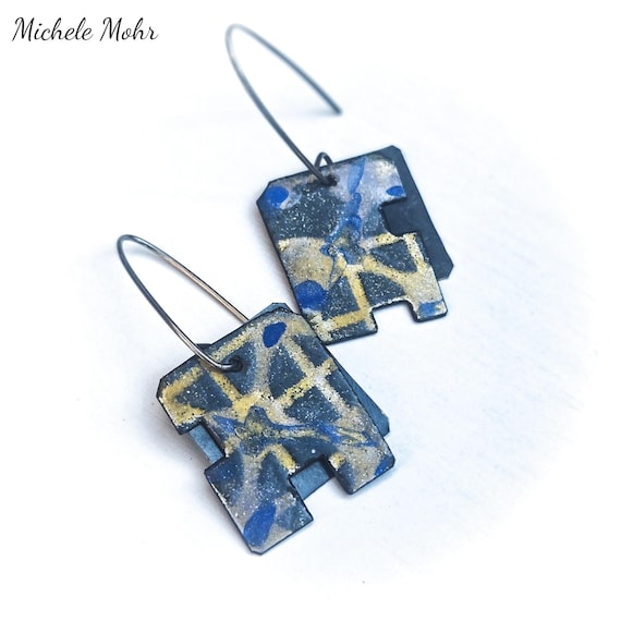Geometric Abstract Enameled Steel and Oxidized Metal Earrings with Hypoallergenic Niobium Ear Wires