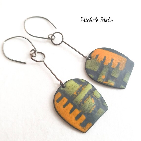 Abstract Vitreous Enamel and Sterling Silver Earrings