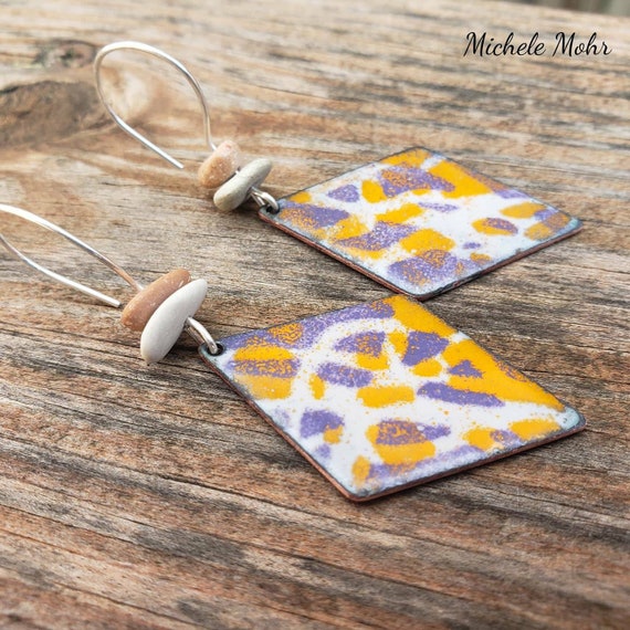 Grafitti Vitreous Enamel, Polynesian Pebble, and Sterling Silver Earrings - Designs on both sides
