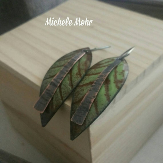 Pea Green and Brown Enamel Copper Leaf Earrings with Oxidized Sterling Silver Ear Wires