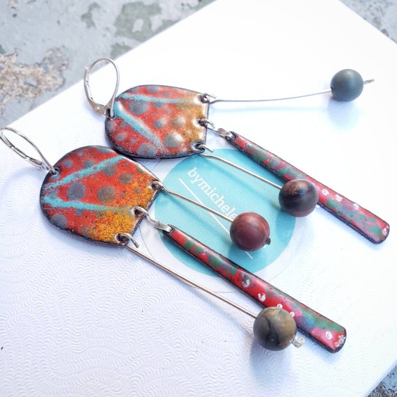Autumn's Splendor Vitreous Enamel, Jasper, and Sterling Silver Leverback Earrings