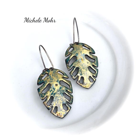 Golden Leaf Enamel Earrings with Sterling Silver Kidney Ear Wires