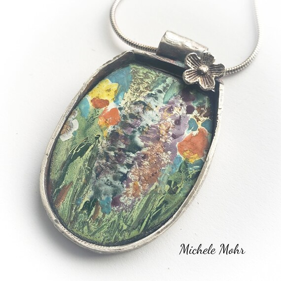 A Little Bit of Paradise Garden Enamel and Sterling Silver Pendant on 20" Adjustable Sterling Silver Snake Chain