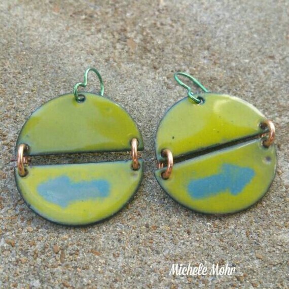 Kiln fired Bitter Green and Delft Blue Green Vitreous Enamel Copper Earrings with Niobium Ear Wires