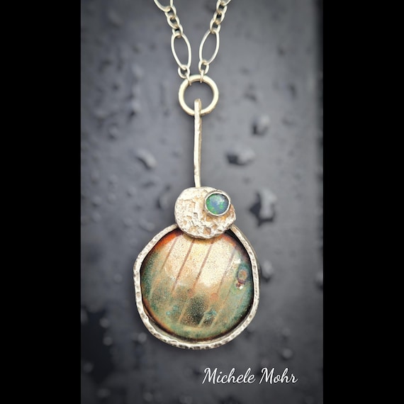 Pebbles on the Beach Vitreous Enamel and 5mm Australian Opal Sterling Silver with Fine Silver Accent Pendant Necklace
