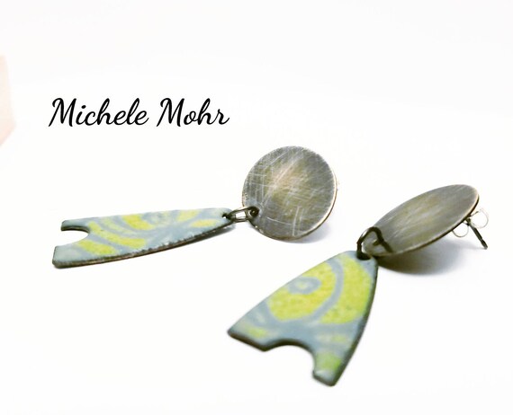 Modern Art Asymmetrical Vitreous Enamel and Sterling Silver Post Earrings