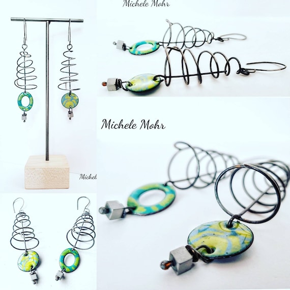 Spiraling Out of Control Asymmetrical Vitreous Enamel and Sterling Silver Spiral Earrings