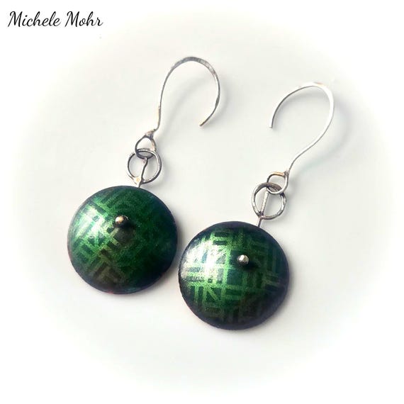 Glass Green Etched Enamel and Sterling Silver Earrings