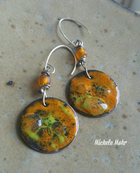 Burnt Sunset Vitreous enamel copper and sterling silver earrings