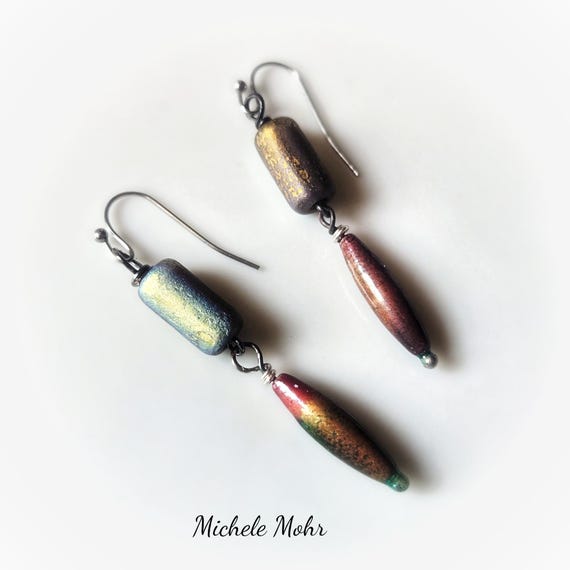 Iridescent Enamel and Czech Glass Earrings with Stainless Steel Ear Wires