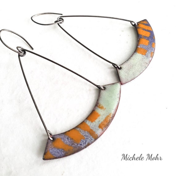 Sunset Vitreous Enamel and Sterling Silver Pendulum Earrings