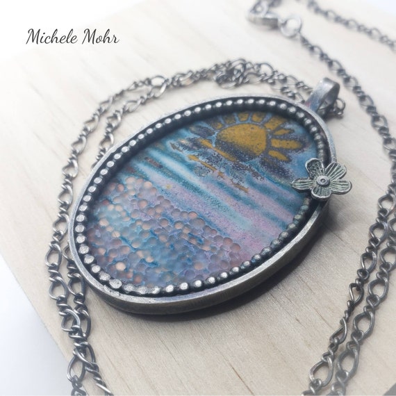 Tranquility-Sunrise at the Beach - Vitreous Enamel and Sterling Silver Pendant 26" Sterling Silver Necklace