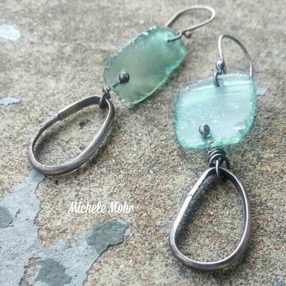 Asymmetrical Beach Glass and Oxidized Organic Sterling Silver Hoop Dangle Earrings