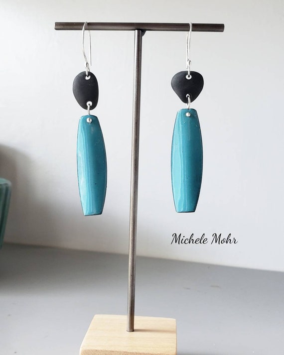 Asymmetrical Blue Enamel and Lake Michigan Pebble Fine Silver Earrings