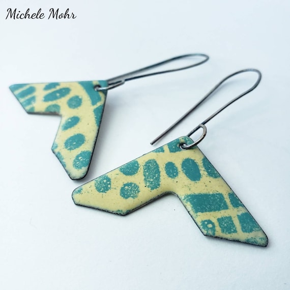 Mellow Yellow and Spruce Green Vitreous Enamel and Oxidized Sterling Silver Earrings