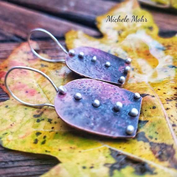 Hammered Copper and Fine Silver Earrings with Fire Patina
