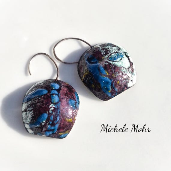 Abstract Impressionism Enamel and Sterling Silver Earrings