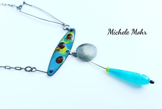 SALE - Endless Summer at the Beach Vitreous Enamel and Sterling Silver Adjustable Necklace with Aqua Dyed Jade.