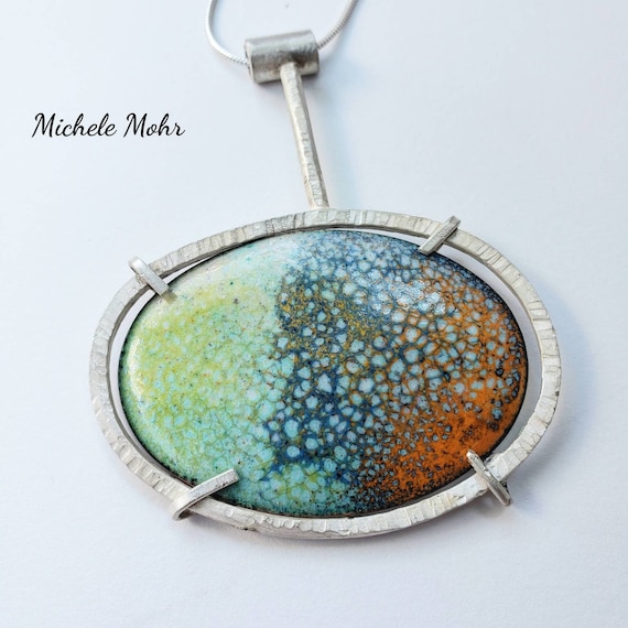 Contemporary Vitreous Enamel Copper and Sterling Silver Statement Pendant Adjustable Necklace