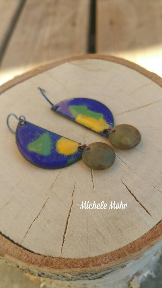 Geometric Half Moon Kiln Fired Vitreous Enamel Earrings with Czech Glass Beads and Niobium Ear Wires