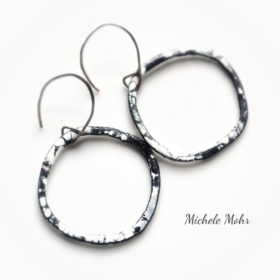 Black and White Square Earrings Hand Forged Copper & Sterling Silver