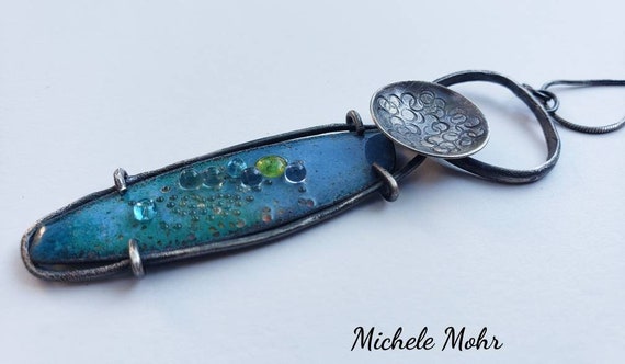 SALE - Ocean Blue Vitreous Enamel and Sterling Silver Adjustable Necklace