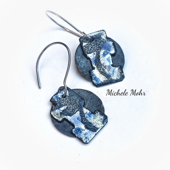 Wabi Sabi Enameled Steel and Oxidized Metal Earrings with Hypoallergenic Niobium Ear Wires