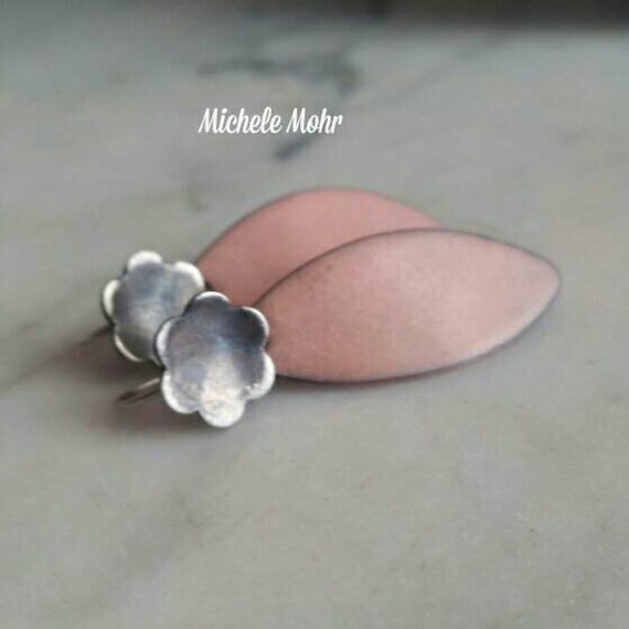 Pale Pink Enamel Leaf and Sterling Silver Flower Earrings