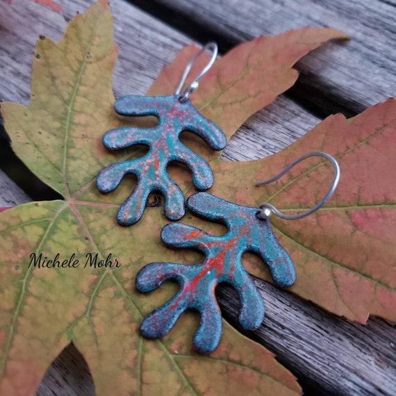 Vitreous Enamel Leaf and Fine Silver Earrings