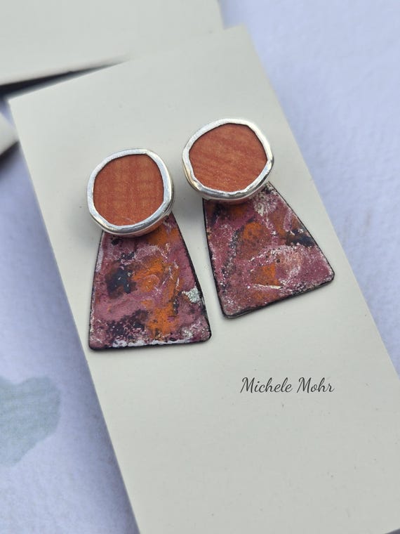 Orange, Red, Pink, and Gray Enamel Copper and Reto Orange Formica Sterling Silver Stud Post 4 in 1 Convertible Earrings