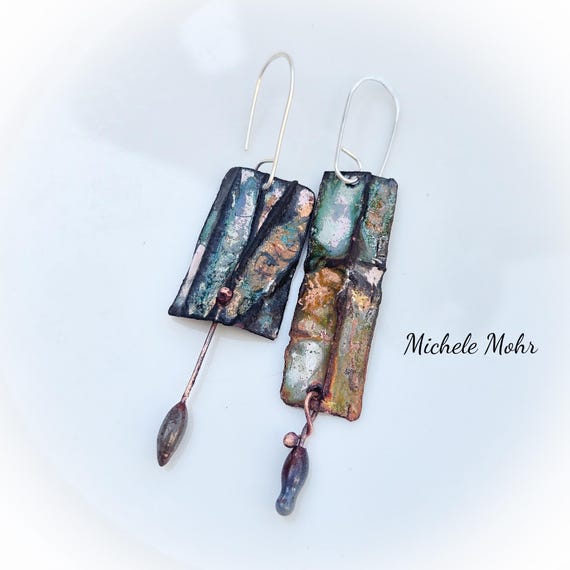 Into the Woods Asymmetrical Foldformed Kiln Fired Vitreous Enamel Earrings with Sterling Silver Ear Wires
