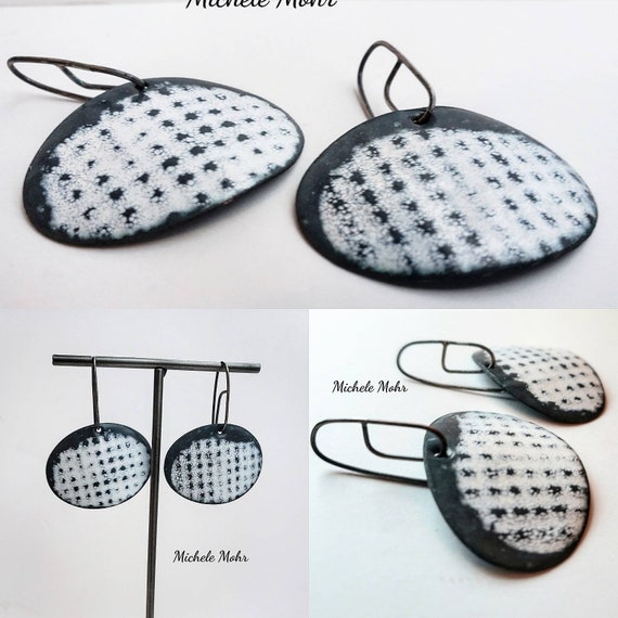 Smoke Screen vitreous enamel on copper with oxidized sterling silver ear wires enamel earrings.