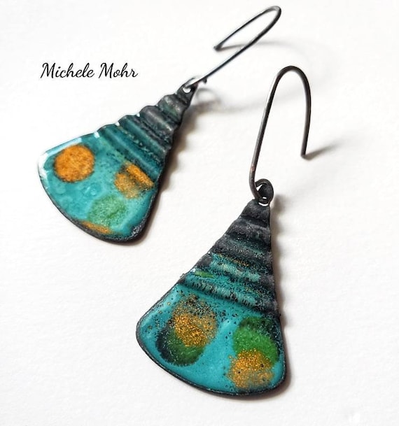Changing Seasons Corrugated Very Enamel Earrings with Oxidized Sterling Silver Ear Wires